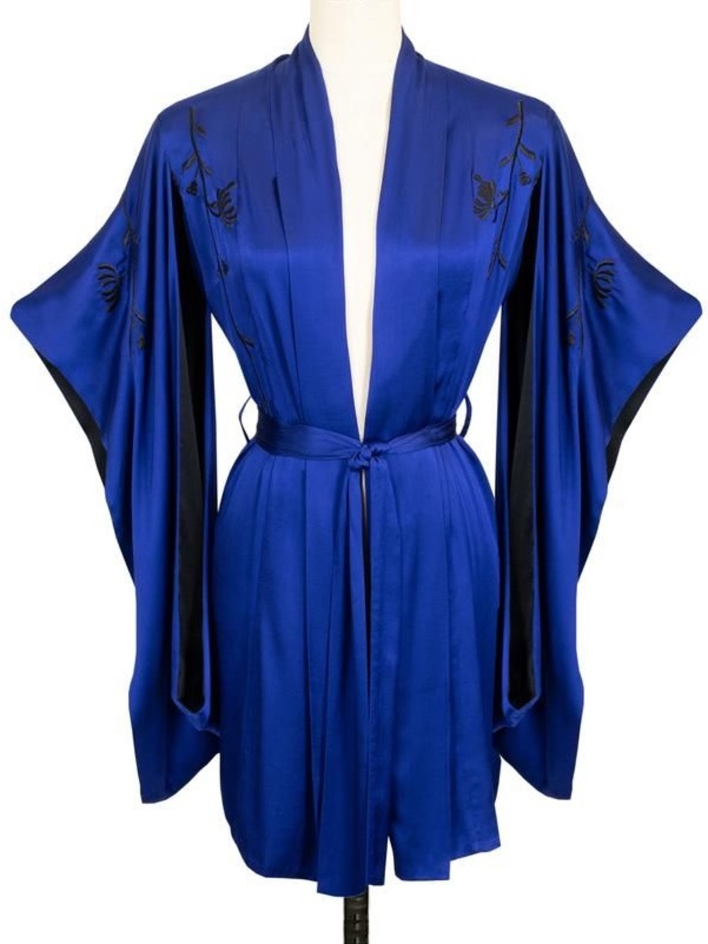 Trashy Diva Cobalt Blue Satin Kimono Robe with Black Embroidery